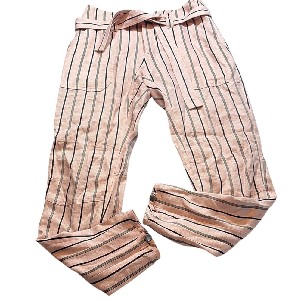 RAG & BONE CLAUDIA LINEN STRIPED PANT WITH TIE BELT PINK SIZE 0 FIT LIKE SIZE 26